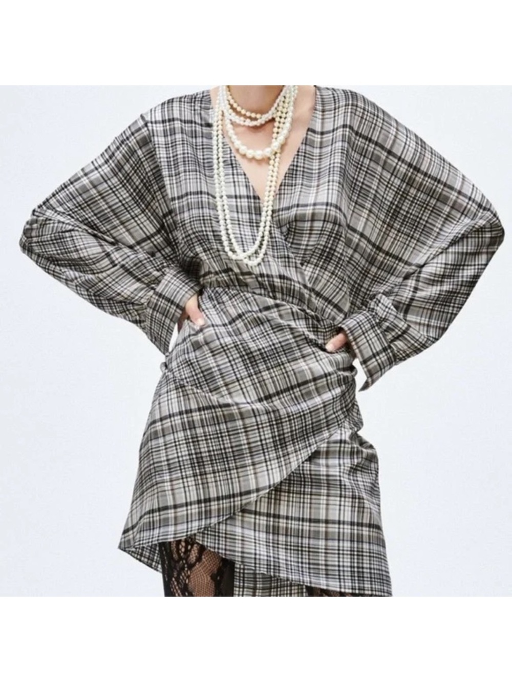 Zara Navy & White Plaid Asymmetrical Wrap Dress